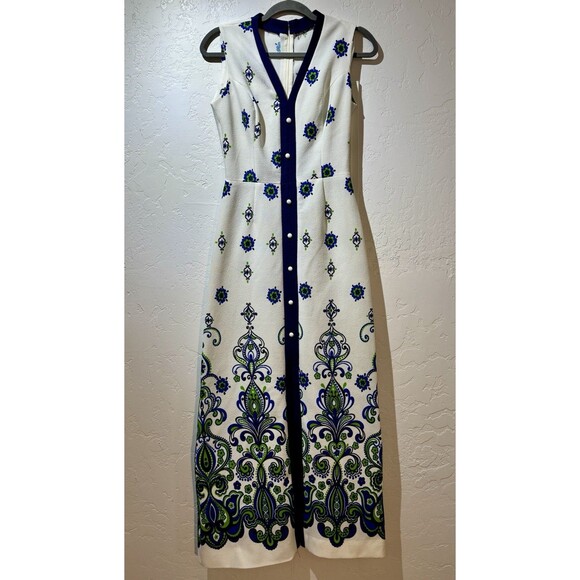 Vtg 60's 70's Maxi Dress sleeveless blue green paisley mod boho summer retro - Picture 2 of 10
